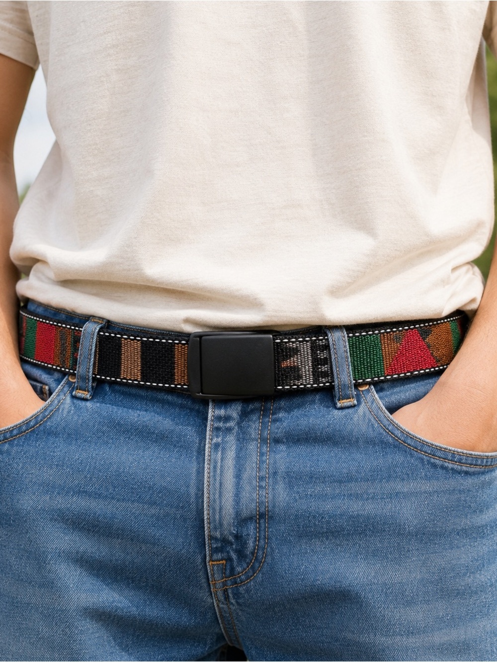Bison Designs Recycled Web Belt Southwestern Geometric Stripe 43” Unisex